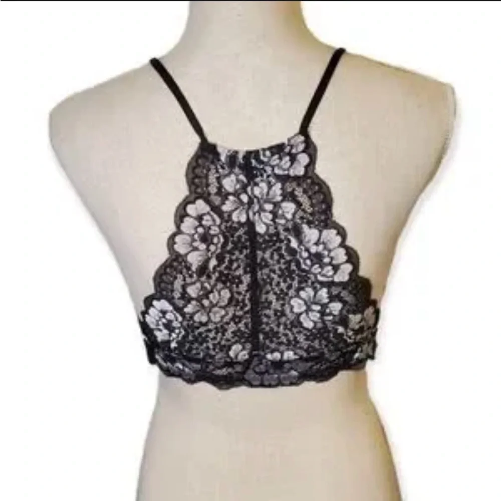 Daytrip black silver lace floral high neck bralette cami camisole crop top S